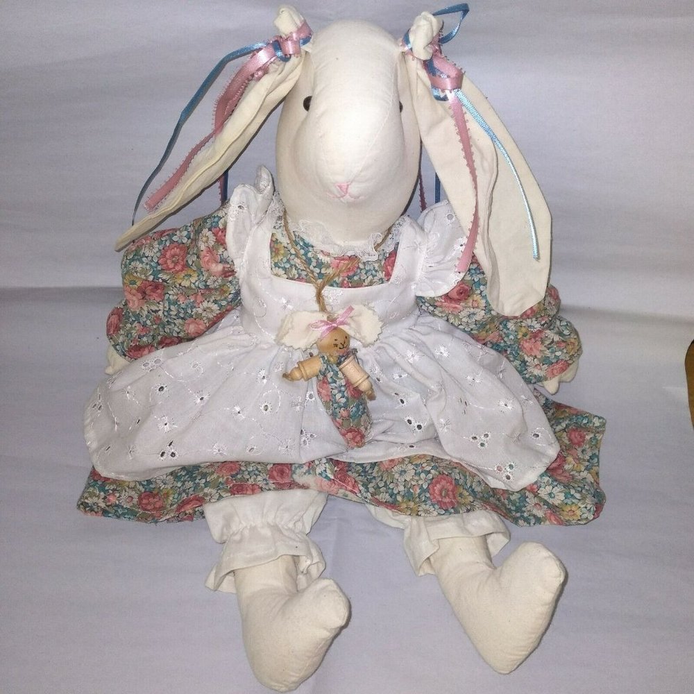 Handmade Rabbit Bunny Easter Doll Floral Dress Apron Matching Necklace/Pin